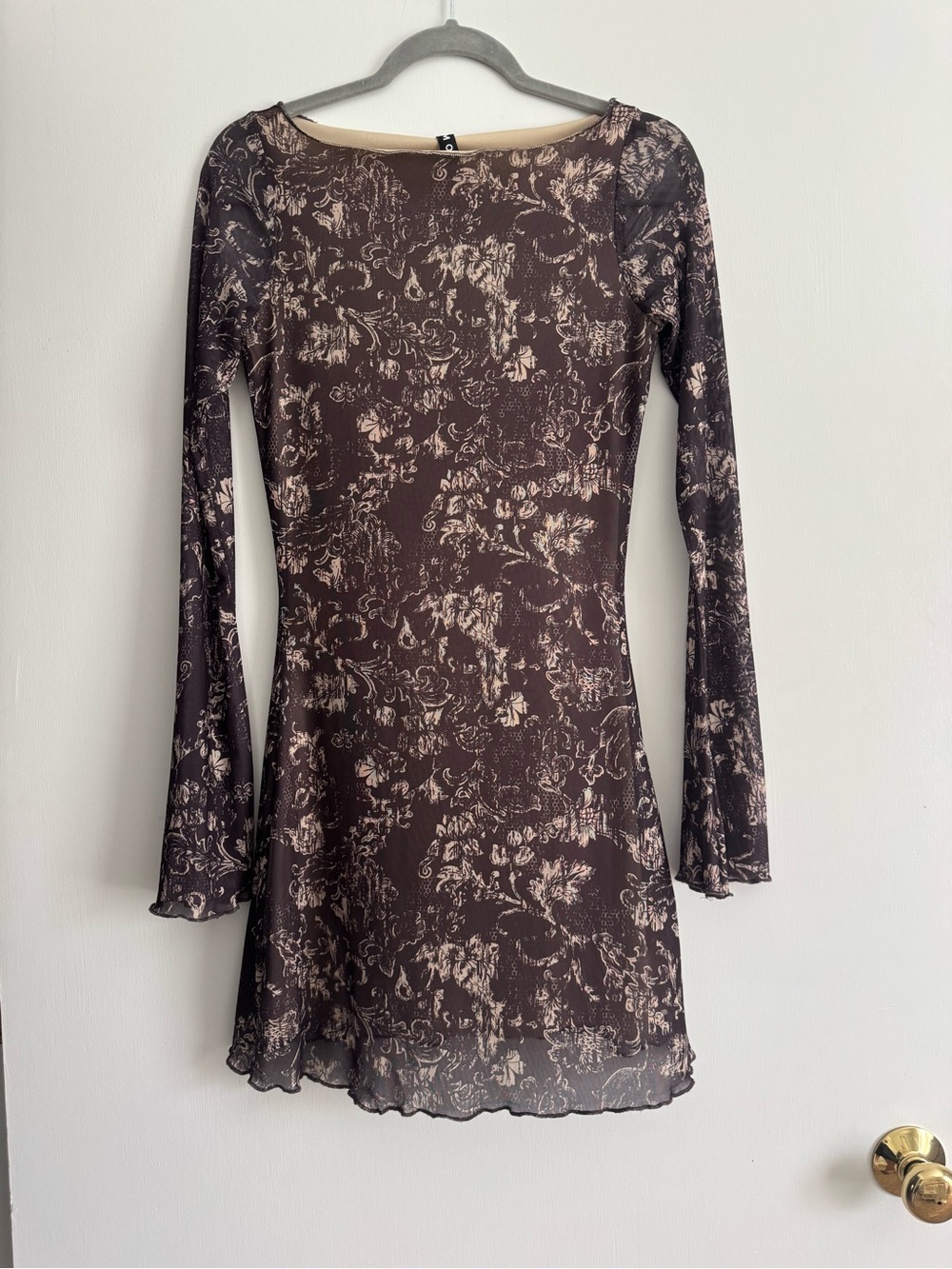 Motel Rocks Brown Floral Long Sleeve Mini Dress with Cream Print
